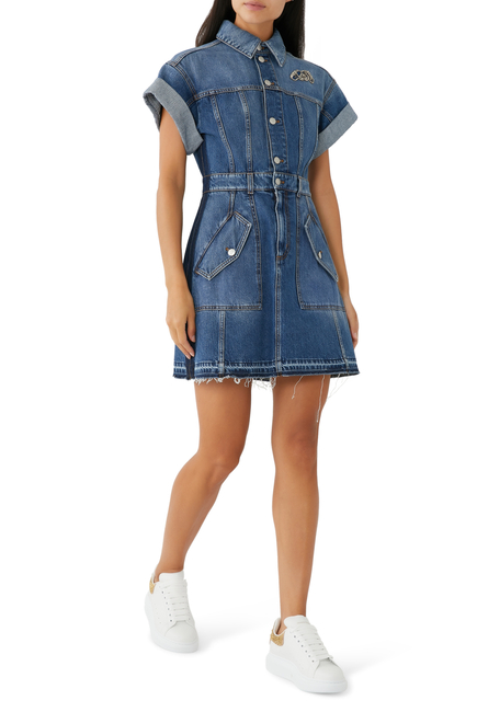 Denim Buttoned Mini Dress with Crystal Brooch